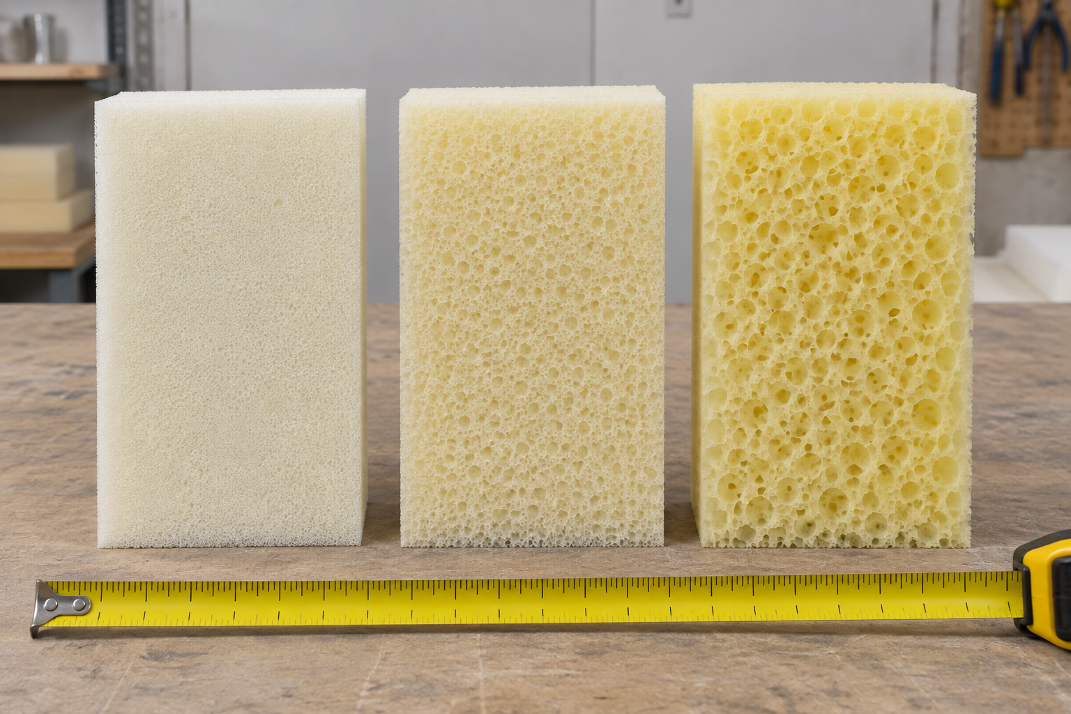 Three cut foam blocks with fine, medium and coarse open-cell structure in a row on a worktable - outdoor cushion foam density comparison