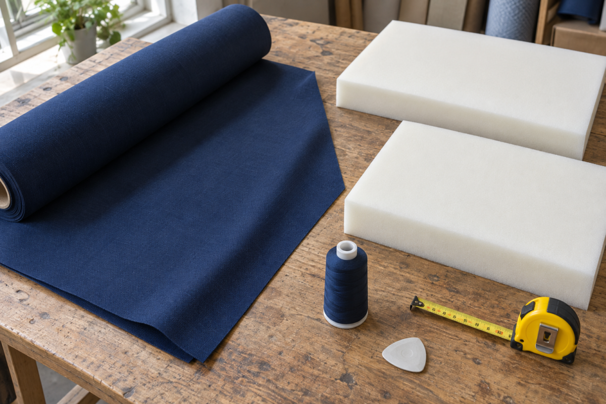 Workshop flat lay of what goes into an outdoor cushion: acrylic fabric bolt, cut foam blocks, UV thread, chalk and measuring tape - the outdoor cushion cost breakdown