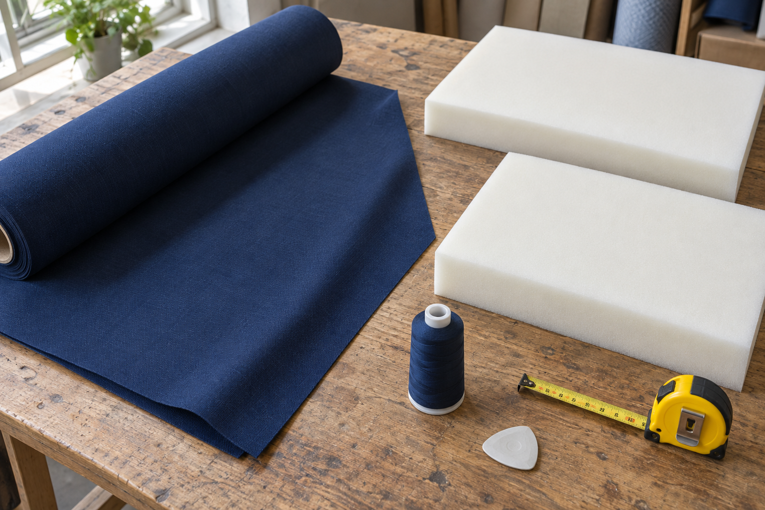 Workshop flat lay of what goes into an outdoor cushion: acrylic fabric bolt, cut foam blocks, UV thread, chalk and measuring tape - the outdoor cushion cost breakdown