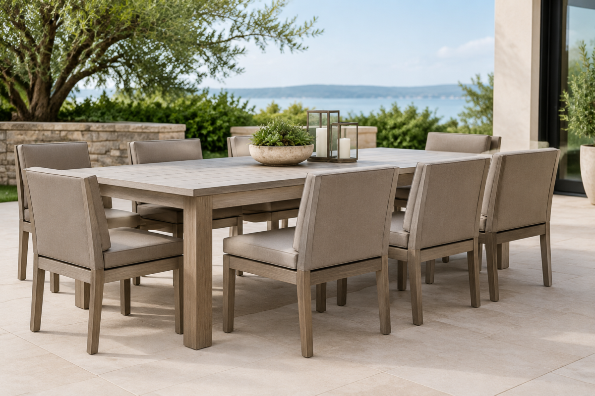 Outdoor dining table with cushioned chairs at correct height - 10 to 12 inches of clearance between table and seat cushion