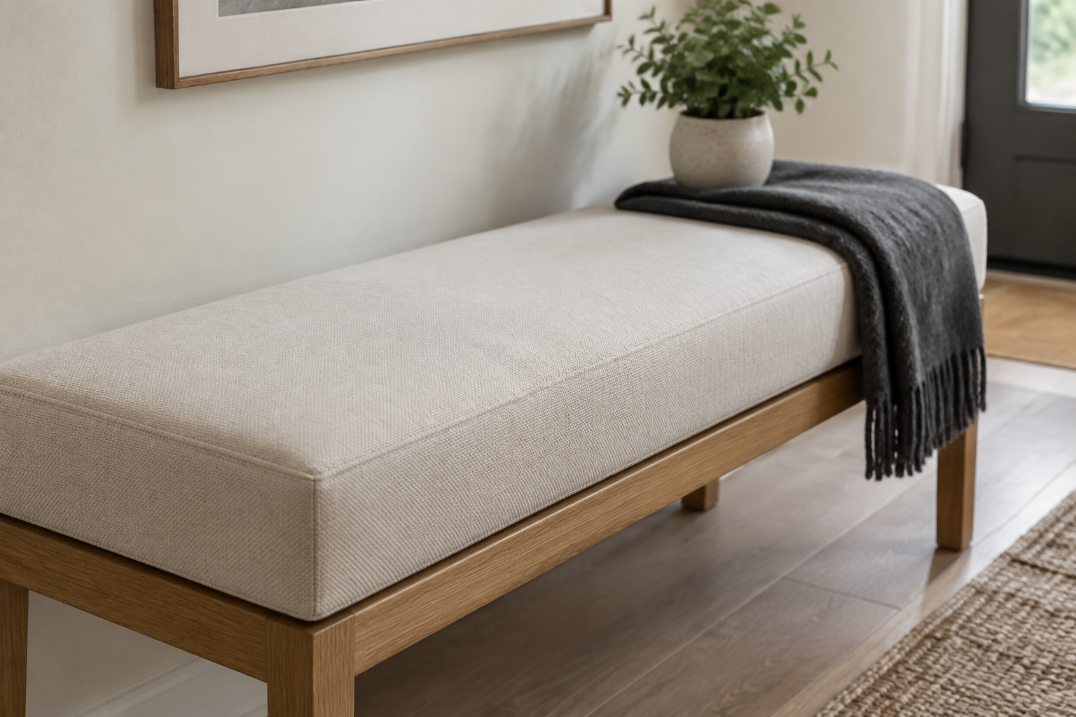 Firm flat-top rectangular bench cushion with tight tailored seams in oat white woven fabric