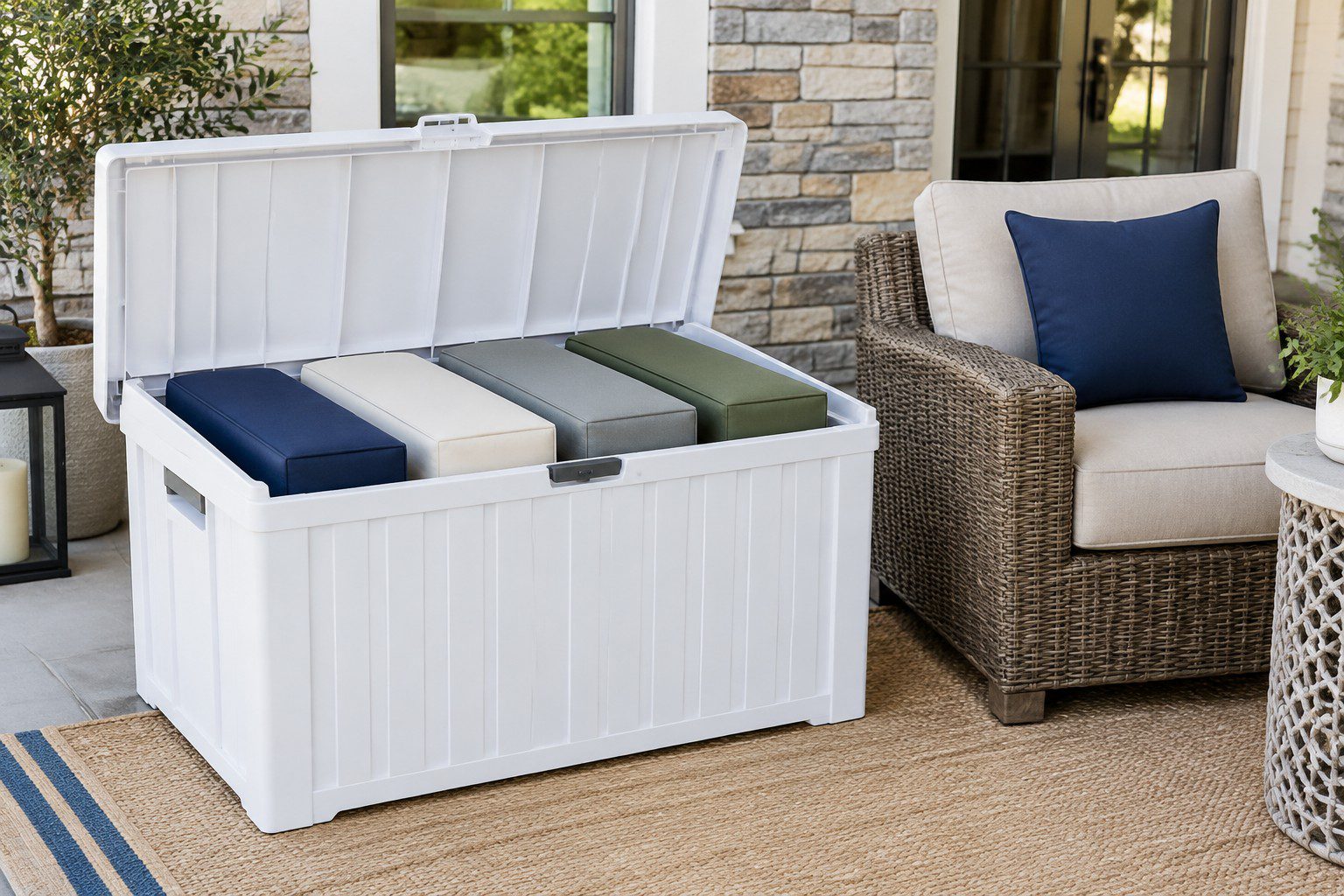 Breathable winter storage for outdoor cushions, pads stood on edge in a deck box