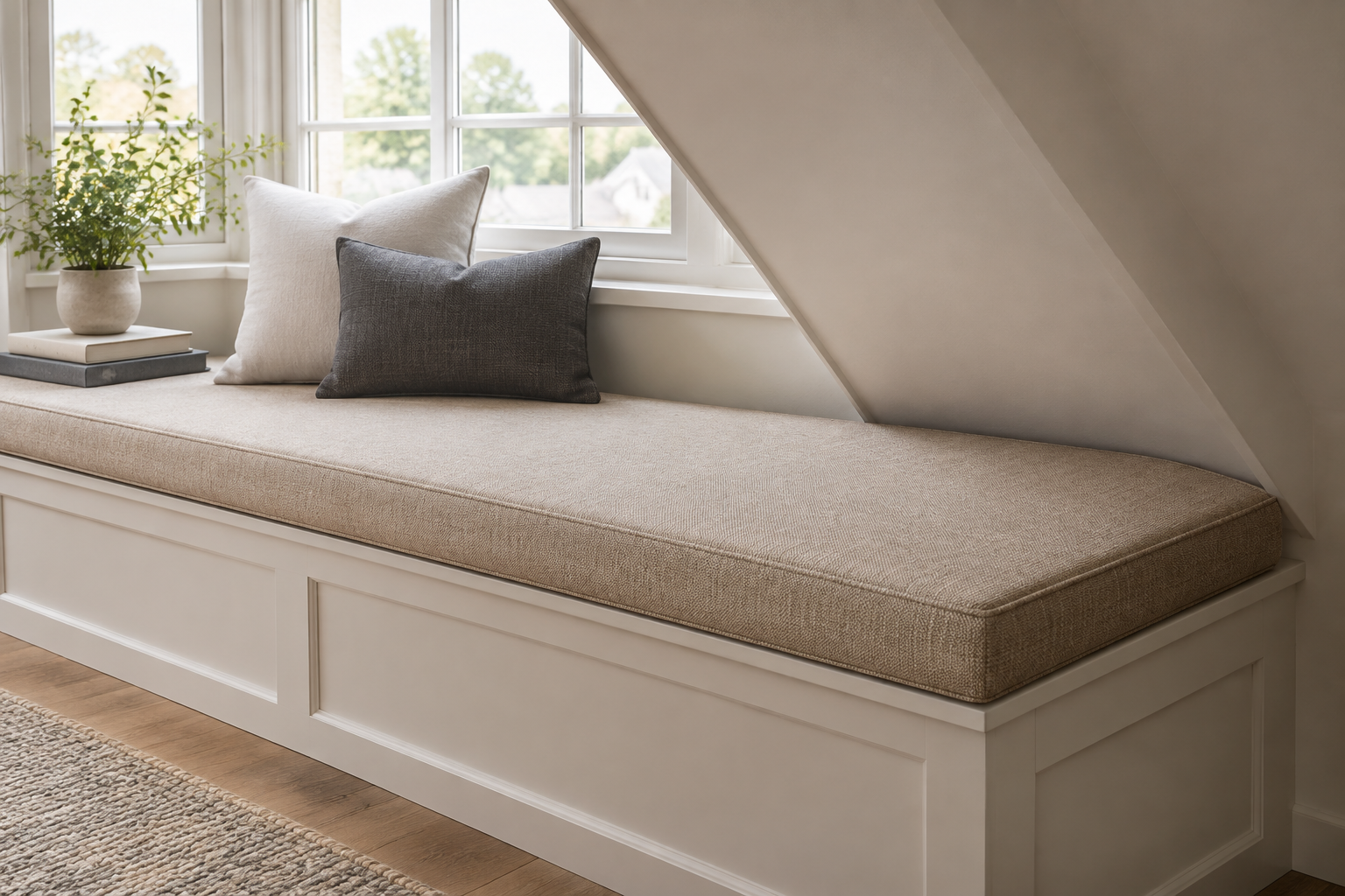 Right-angle trapezoid window bench cushion under a sloped attic ceiling with the angled end cut to fit the roofline