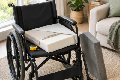 Fresh high-density foam core being fitted into a tailored wheelchair seat cushion cover at home, old flattened core and tape measure beside the chair