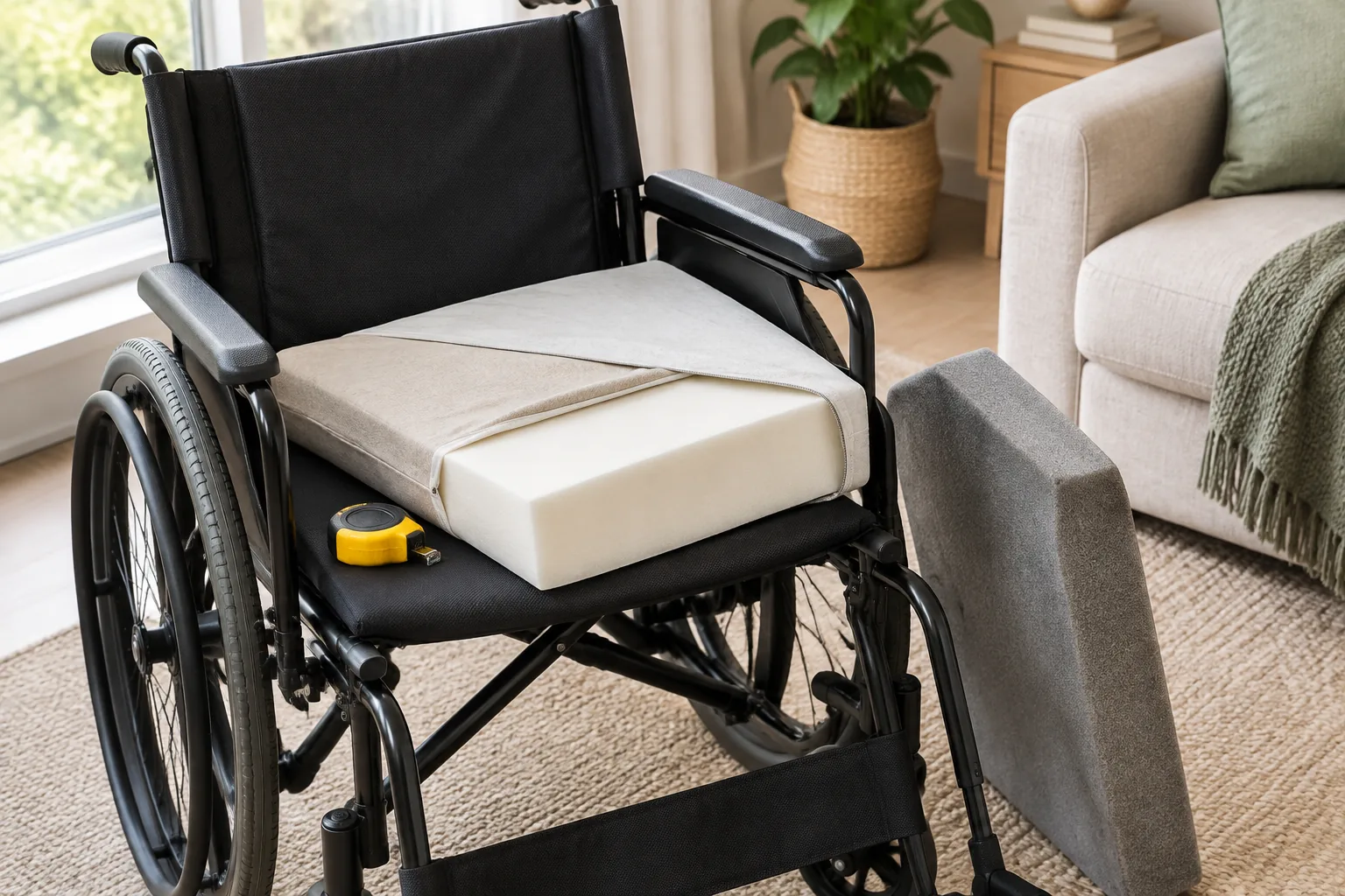 Fresh high-density foam core being fitted into a tailored wheelchair seat cushion cover at home, old flattened core and tape measure beside the chair