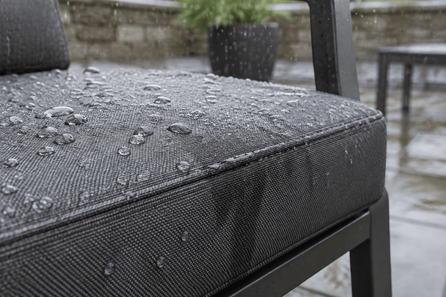 Raindrops beading on outdoor cushion fabric while water wicks along a stitched seam