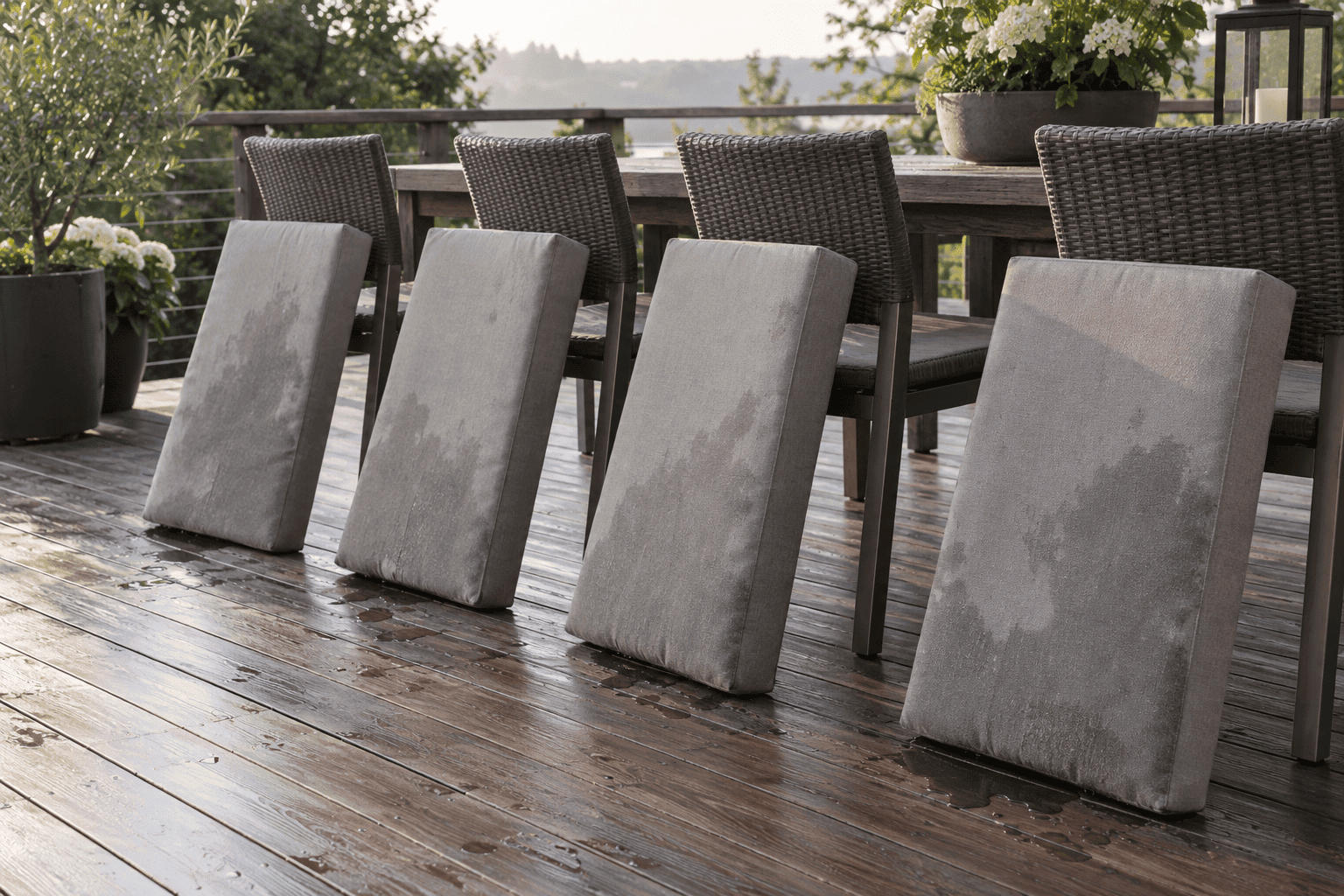 Wet outdoor seat cushions stood upright on edge against chairs to drain after rain