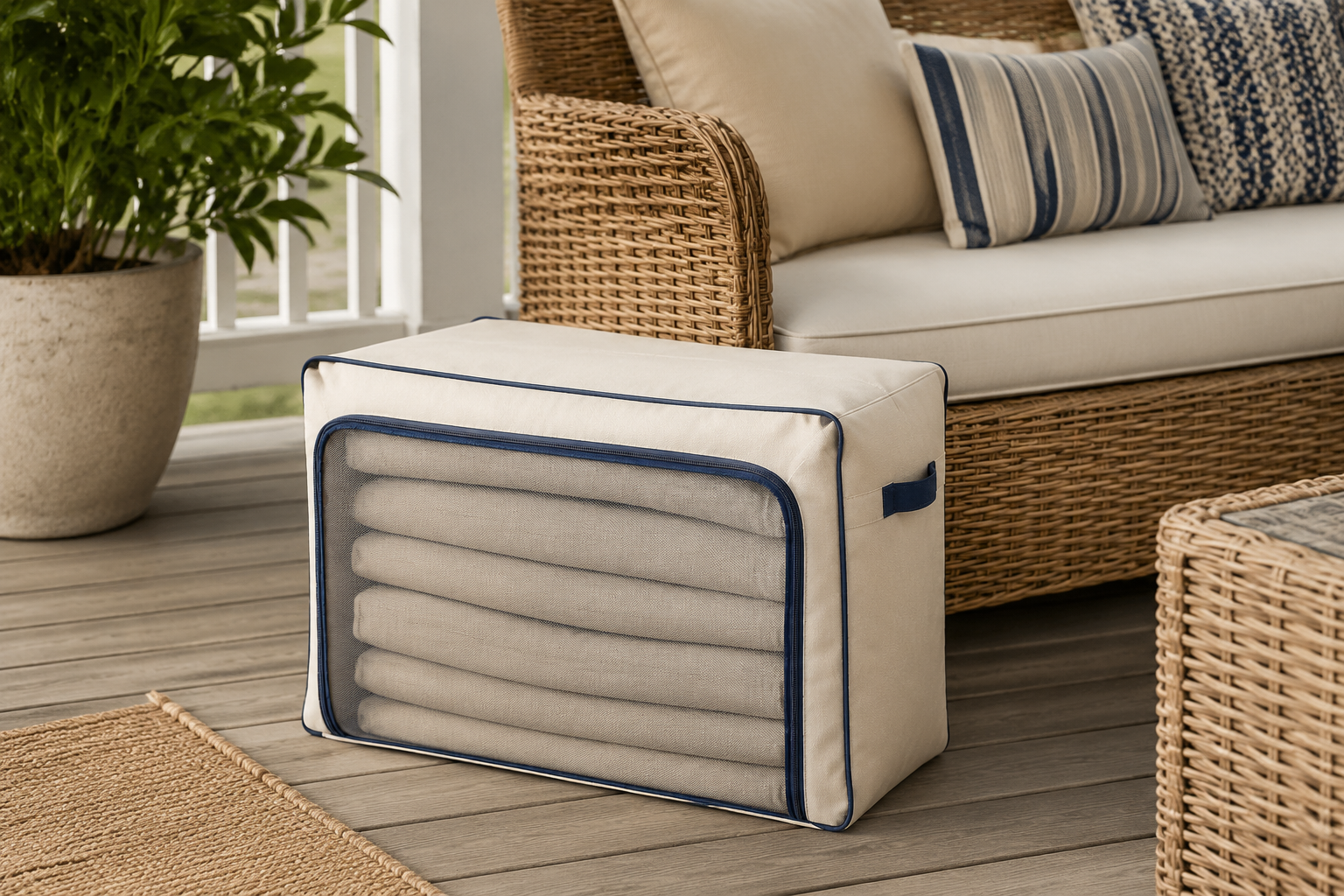 Brown wicker patio loveseat with cream replacement cushions — deep-seating conversation style