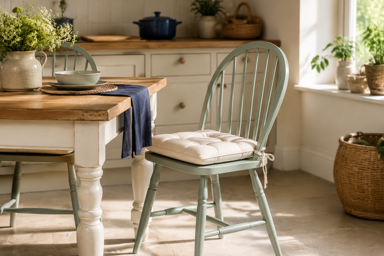 Painted spindle back dining chair with a cream tufted tie-on cushion in a farmhouse kitchen - thickness and fill for chairs that work every dinner