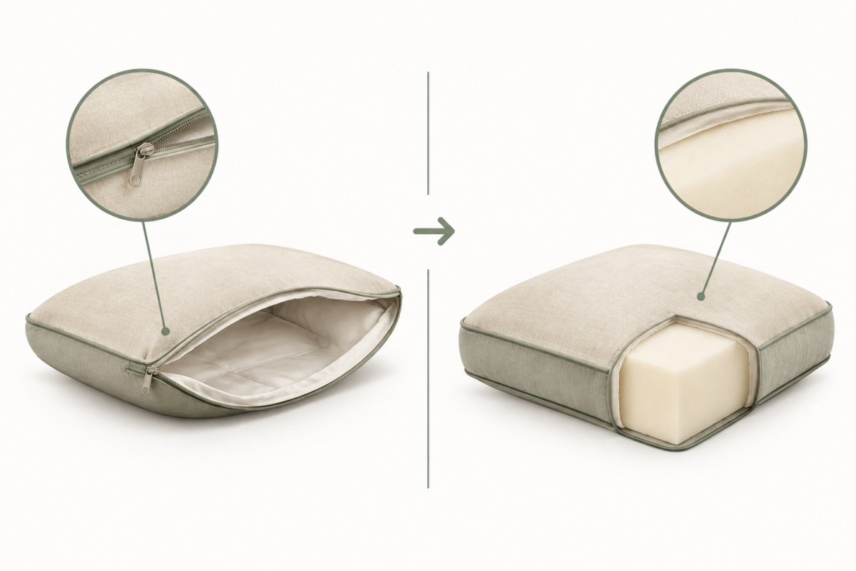 An empty unzipped cushion cover beside a complete cushion with visible foam core cross-section