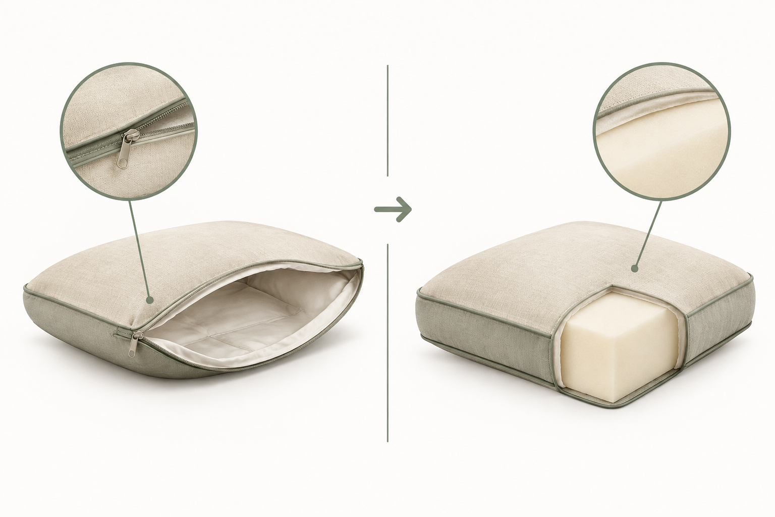 An empty unzipped cushion cover beside a complete cushion with visible foam core cross-section