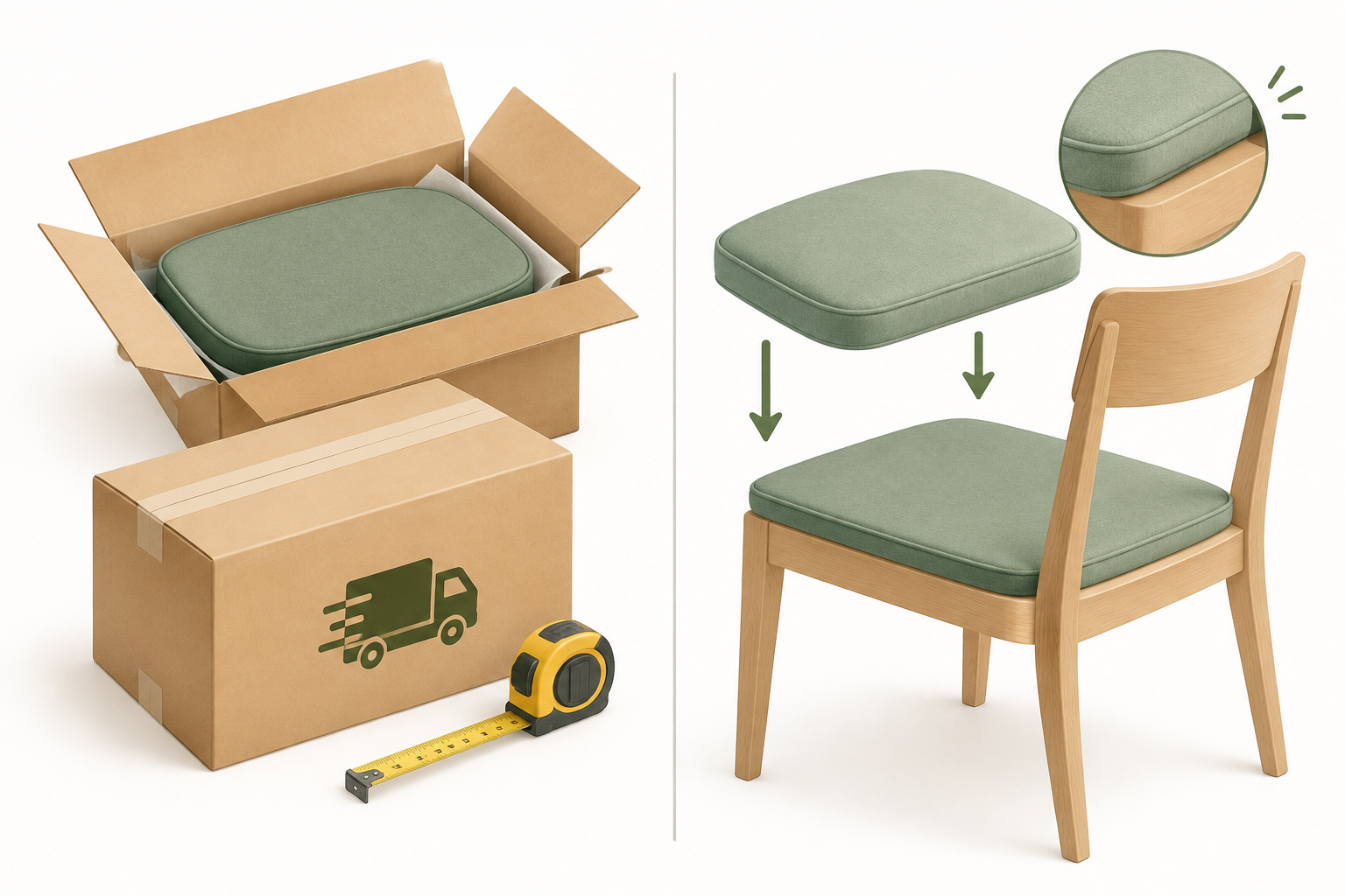 Two parcel boxes with cushions compared on shipping cost and fit, with a tape measure and truck icon