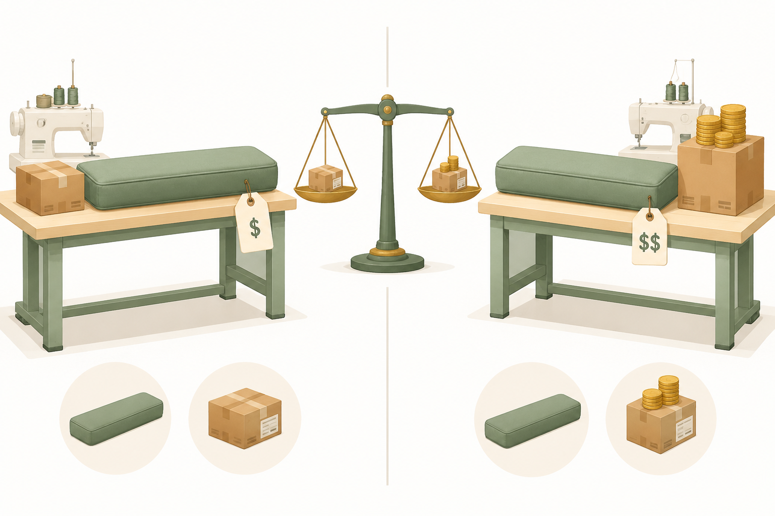 Two identical bench cushions on sewing tables compared on total landed price with shipping boxes and a balance scale
