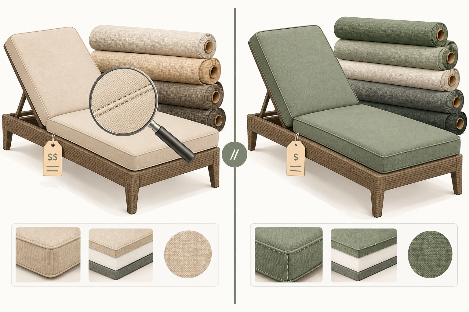 Two outdoor chaise cushions compared side by side with a magnifying glass on the stitching and rolls of fabric