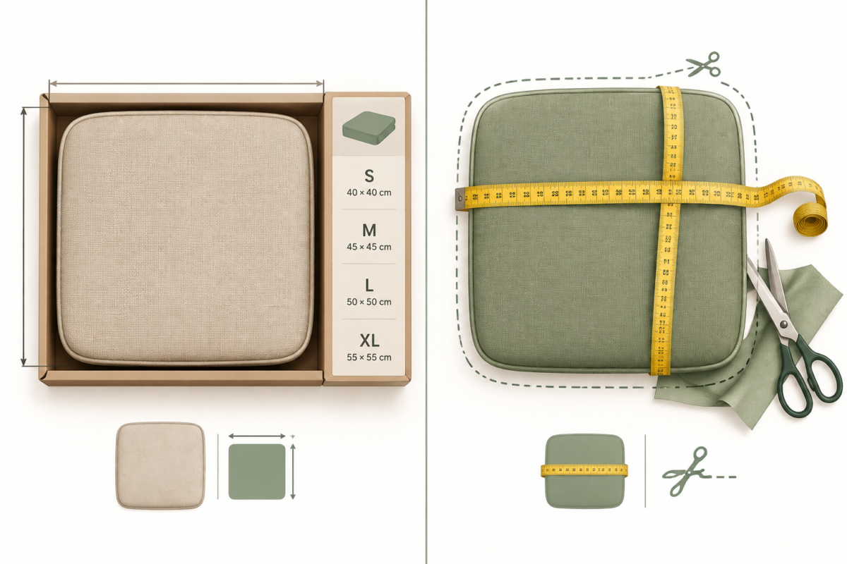 Custom cut-to-fit cushion with measuring tape versus boxed ready-made cushion in one fixed size