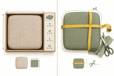 Custom cut-to-fit cushion with measuring tape versus boxed ready-made cushion in one fixed size