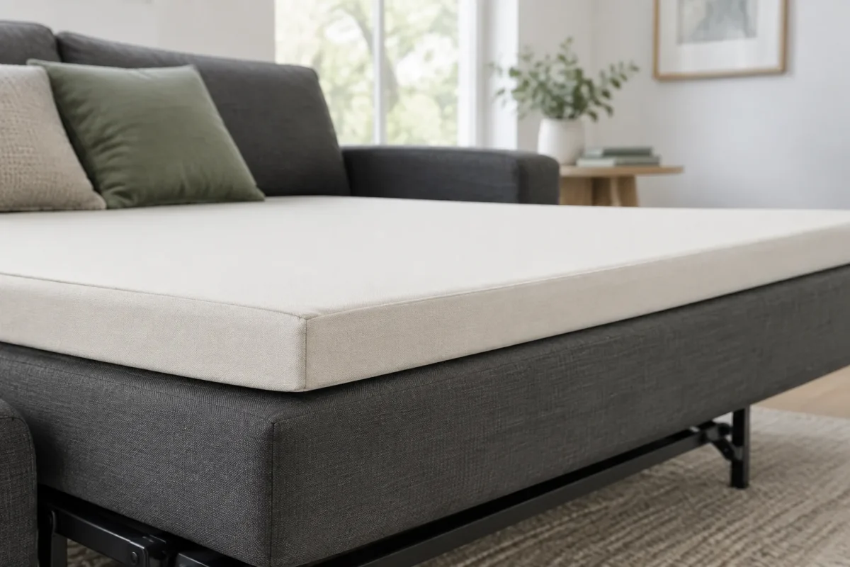 Flat-topped custom foam topper laid on a sleeper sofa mattress