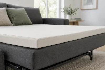 Flat-topped custom foam topper laid on a sleeper sofa mattress