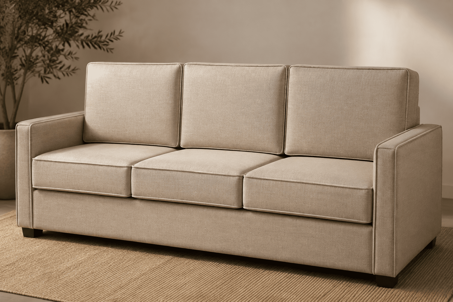 Box construction sofa cushions with crisp tailored edges