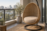 A hanging egg chair with a custom round cushion on a covered apartment balcony in morning light