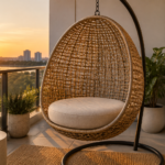 Custom egg chair cushion made to your measurements - a thick round pad layered on the woven seat of a hanging egg chair on an apartment balcony