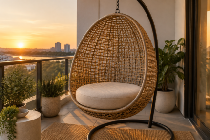 Custom egg chair cushion made to your measurements - a thick round pad layered on the woven seat of a hanging egg chair on an apartment balcony