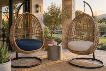 Two hanging egg chairs with thick custom round cushions in navy and sand fabric on a covered backyard patio