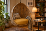 Indoor egg chair cushion - a thick round pad in mustard fabric in a hanging rattan chair in a cozy reading nook with a book and blanket