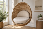 Hanging egg chair cushions as a set - a thick round seat pad and a curved back pad layered inside a rattan hanging basket chair