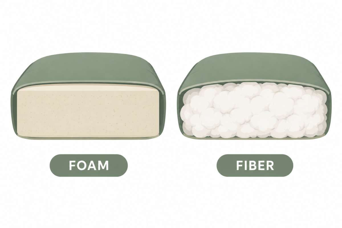 Cross-section comparison of solid foam core versus loose fiber fill in a seat cushion