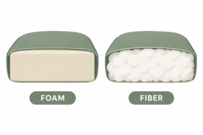 Cross-section comparison of solid foam core versus loose fiber fill in a seat cushion