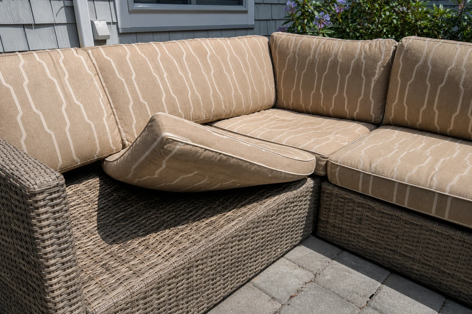 Hampton Bay Beachside replacement cushions — rope-weave modular sectional with tailored tan-striped pads, cut to OEM series dimensions