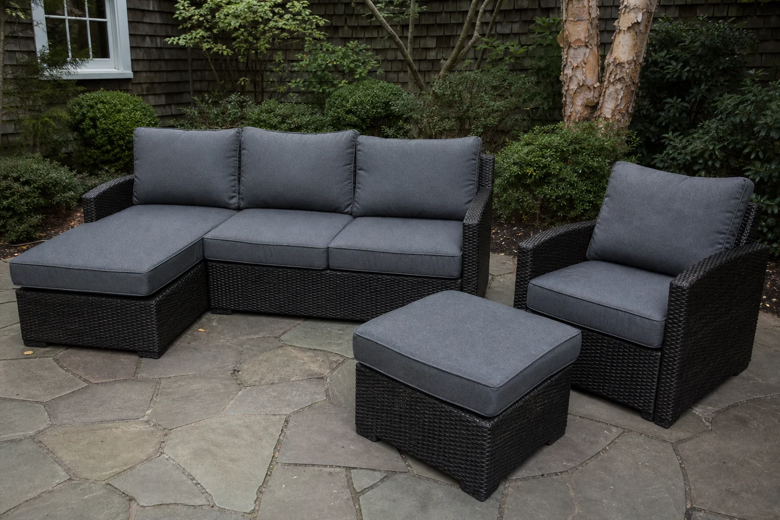 Hampton Bay Cambridge replacement cushions — outdoor seating family with chaise-sofa, cut to OEM series dimensions