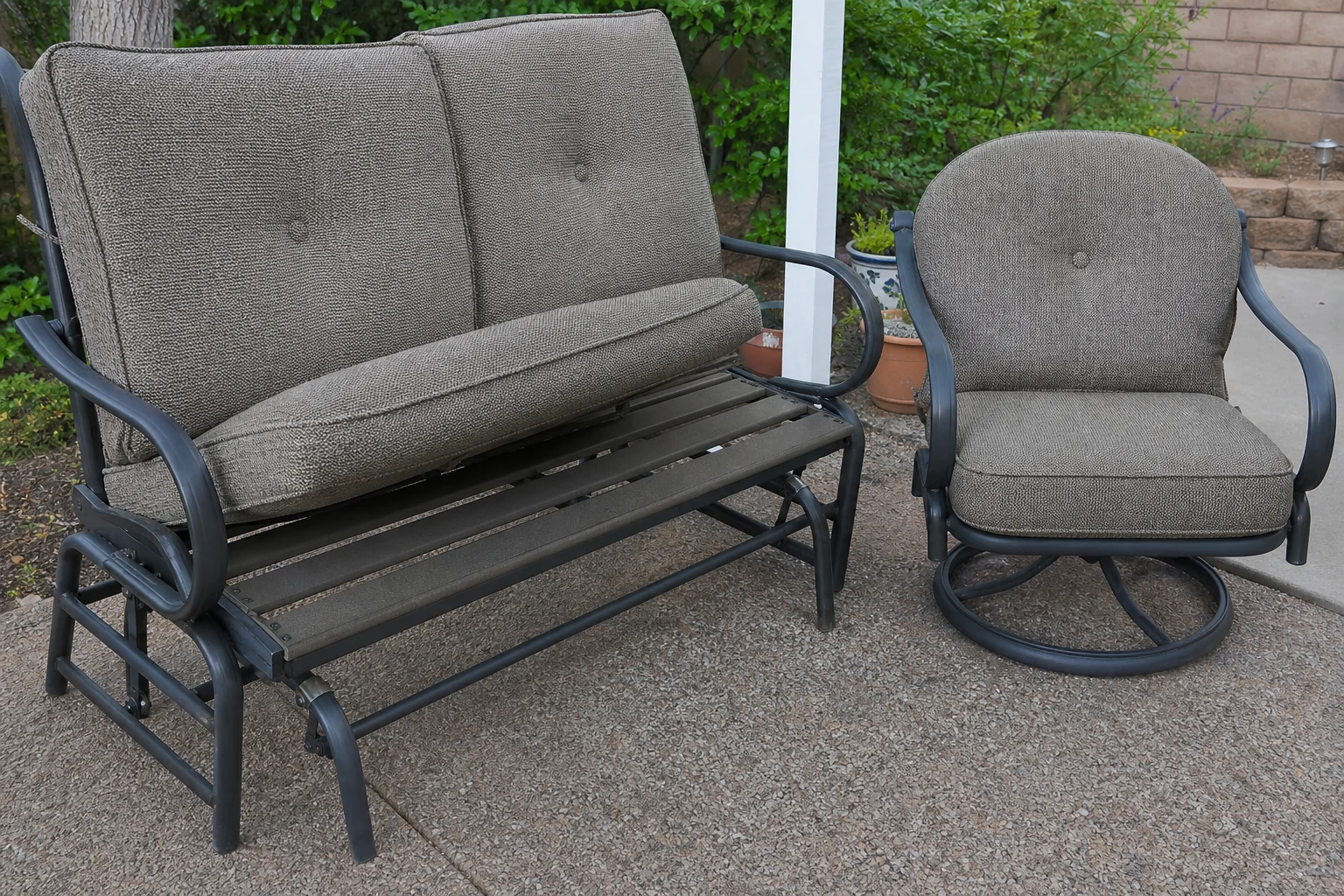 Hampton Bay Edington replacement cushions — glider bench and swivel lounge chair, cut to OEM series dimensions