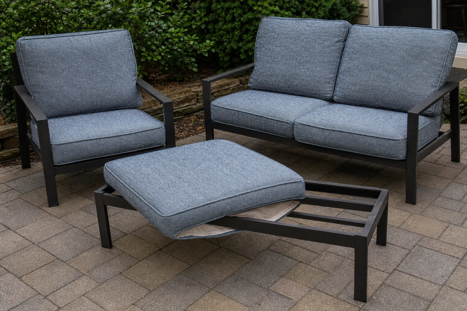 Hampton Bay Fenton replacement cushions — compact lounge set with bench ottoman, cut to OEM series dimensions