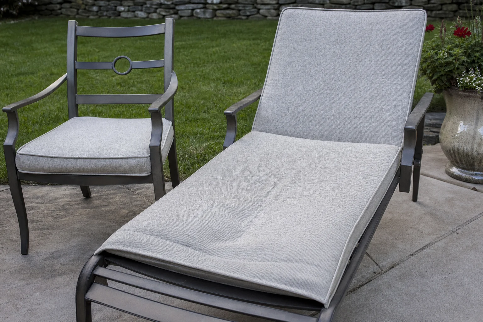 Hampton Bay Laurel Oaks replacement cushions — dining chair and wide chaise, cut to OEM series dimensions