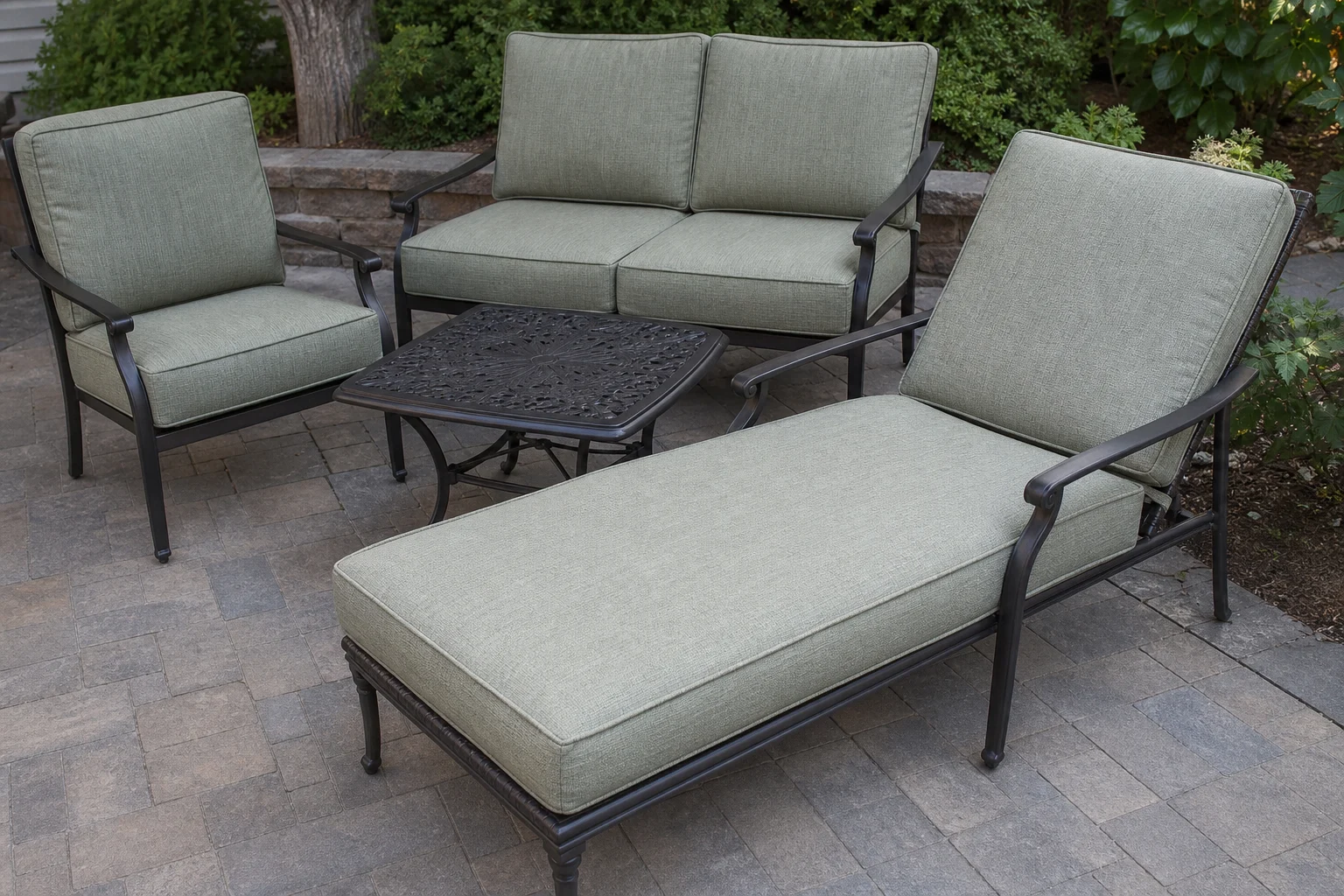 Hampton Bay Middletown replacement cushions — mixed dining and lounge group, cut to OEM series dimensions