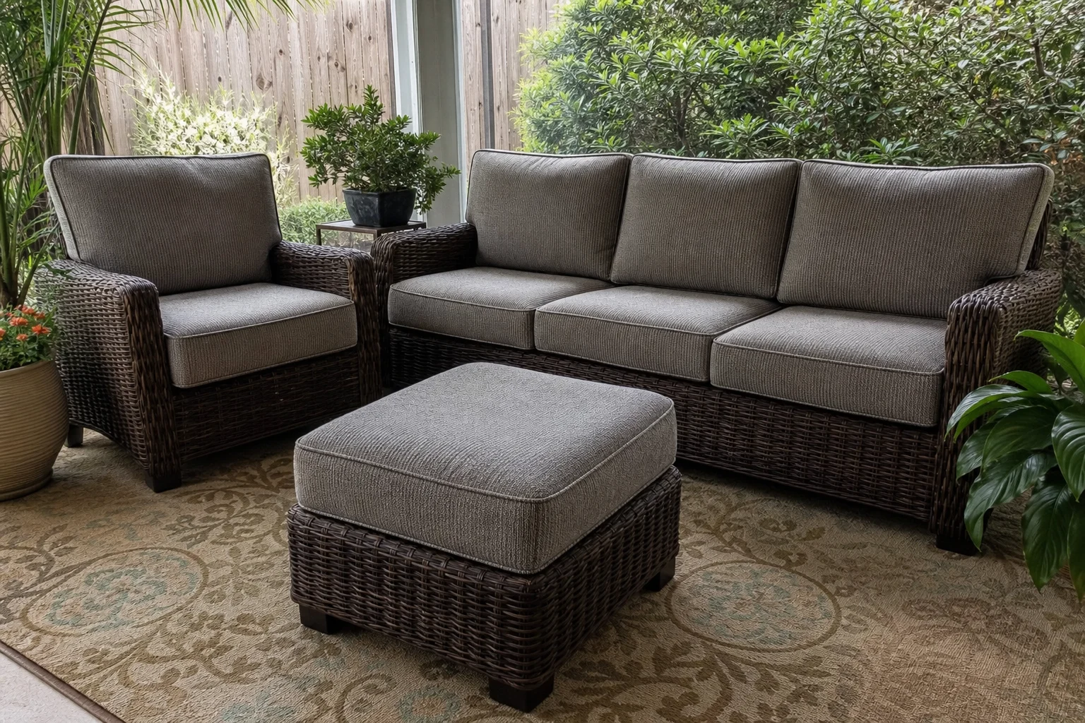 Hampton Bay Monticello replacement cushions — compact deep seating, cut to OEM series dimensions