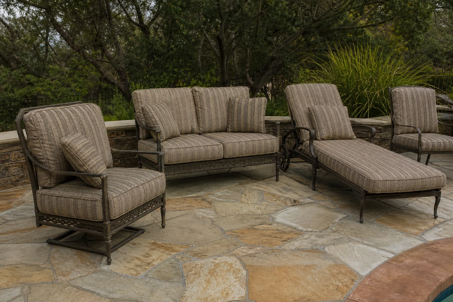 Hampton Bay Oak Cliff replacement cushions — full-spectrum deep seating and dining, cut to OEM series dimensions