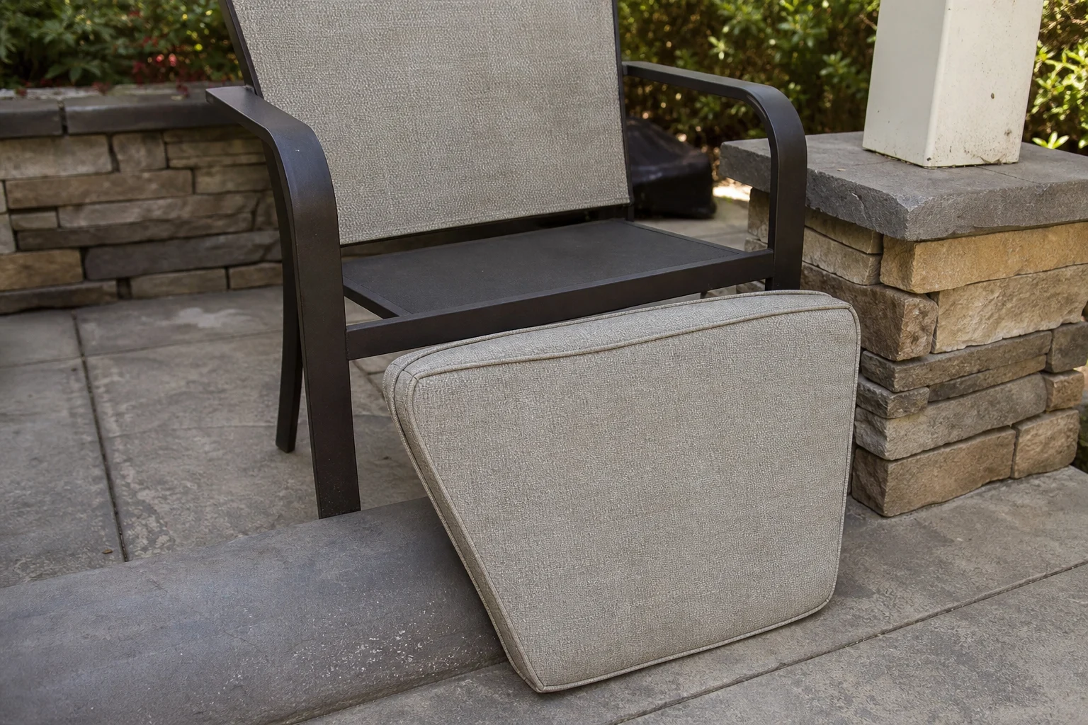 Hampton Bay Pacific Grove replacement cushions — tapered-frame trapezoid pads, cut to OEM series dimensions