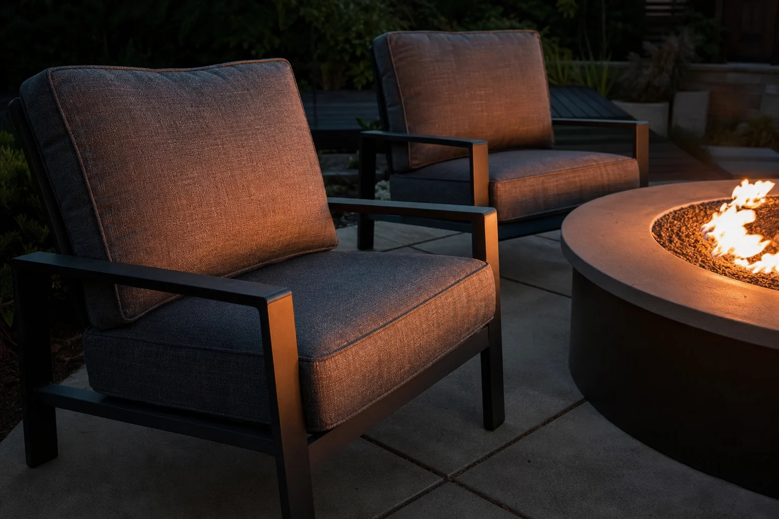 Hampton Bay Palm Canyon replacement cushions — firepit-oriented deep dining chairs, cut to OEM series dimensions