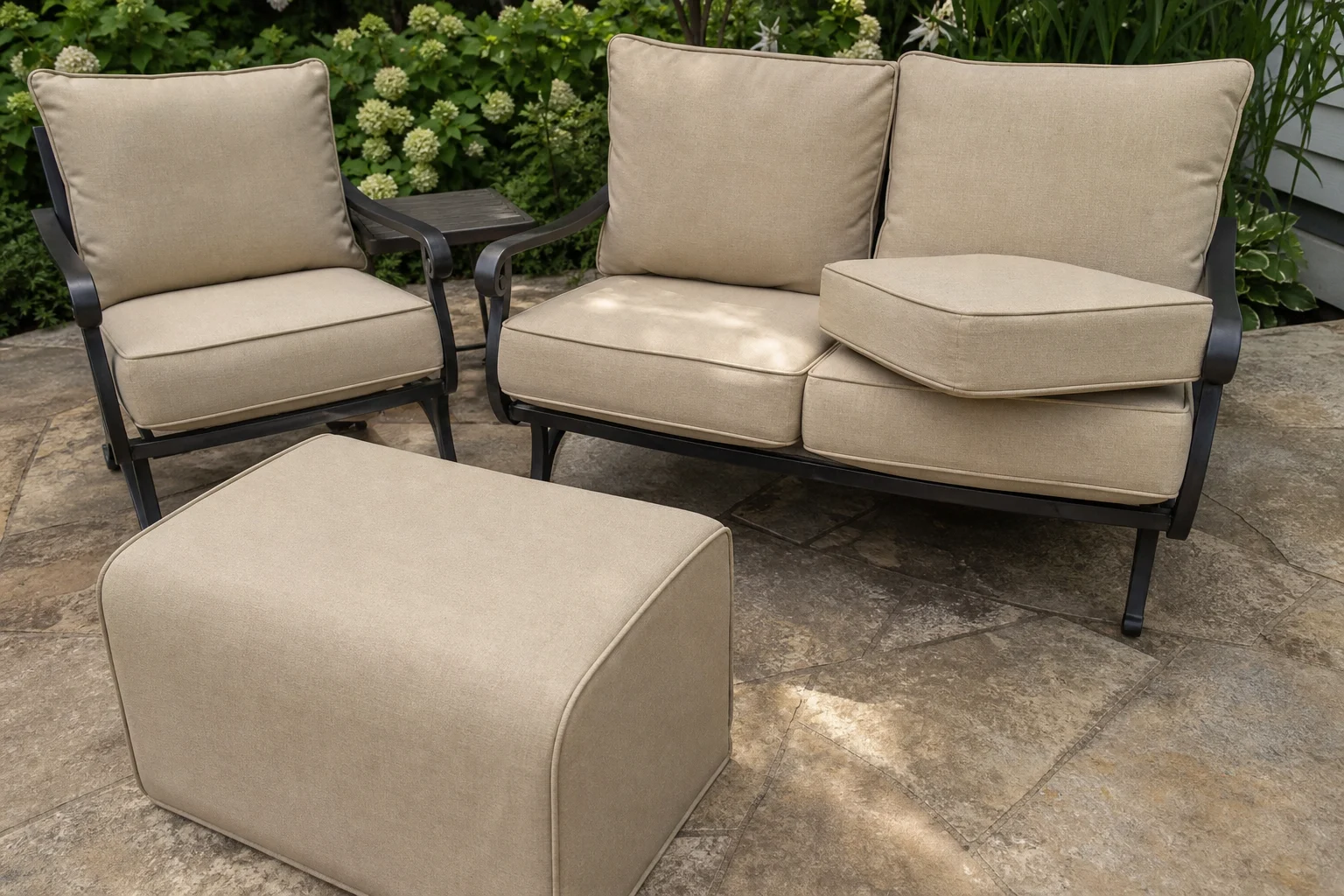 Hampton Bay Pembrey replacement cushions — deep seating with waterfall ottoman, cut to OEM series dimensions