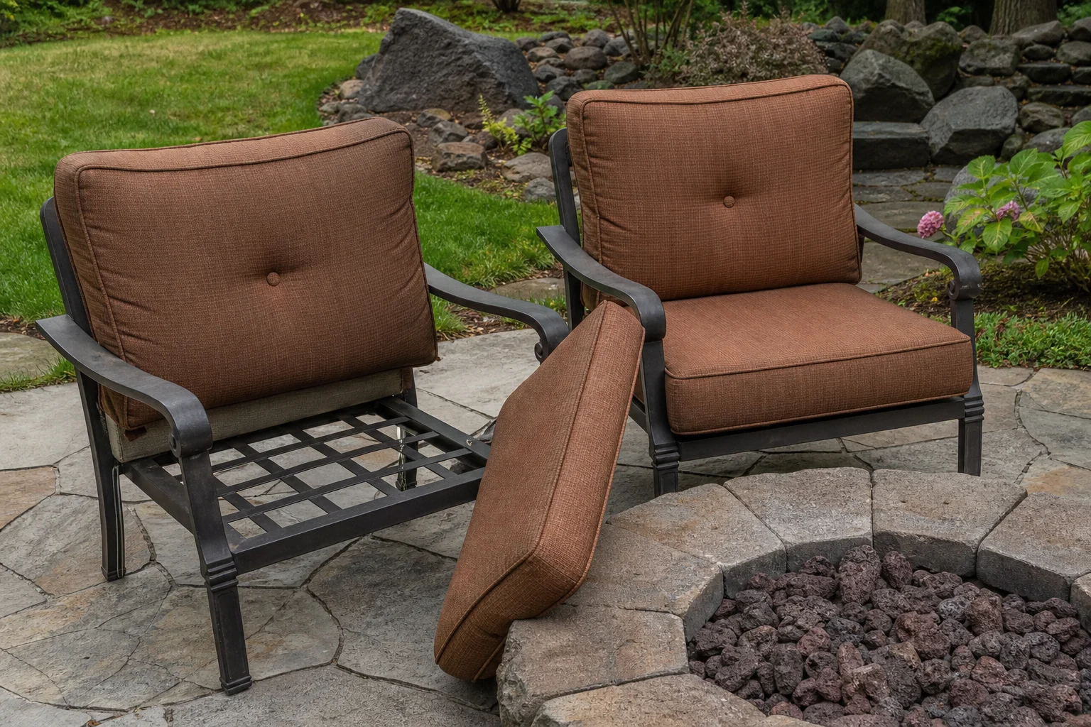 Hampton Bay Redwood Valley replacement cushions — armless firepit chairs, cut to OEM series dimensions