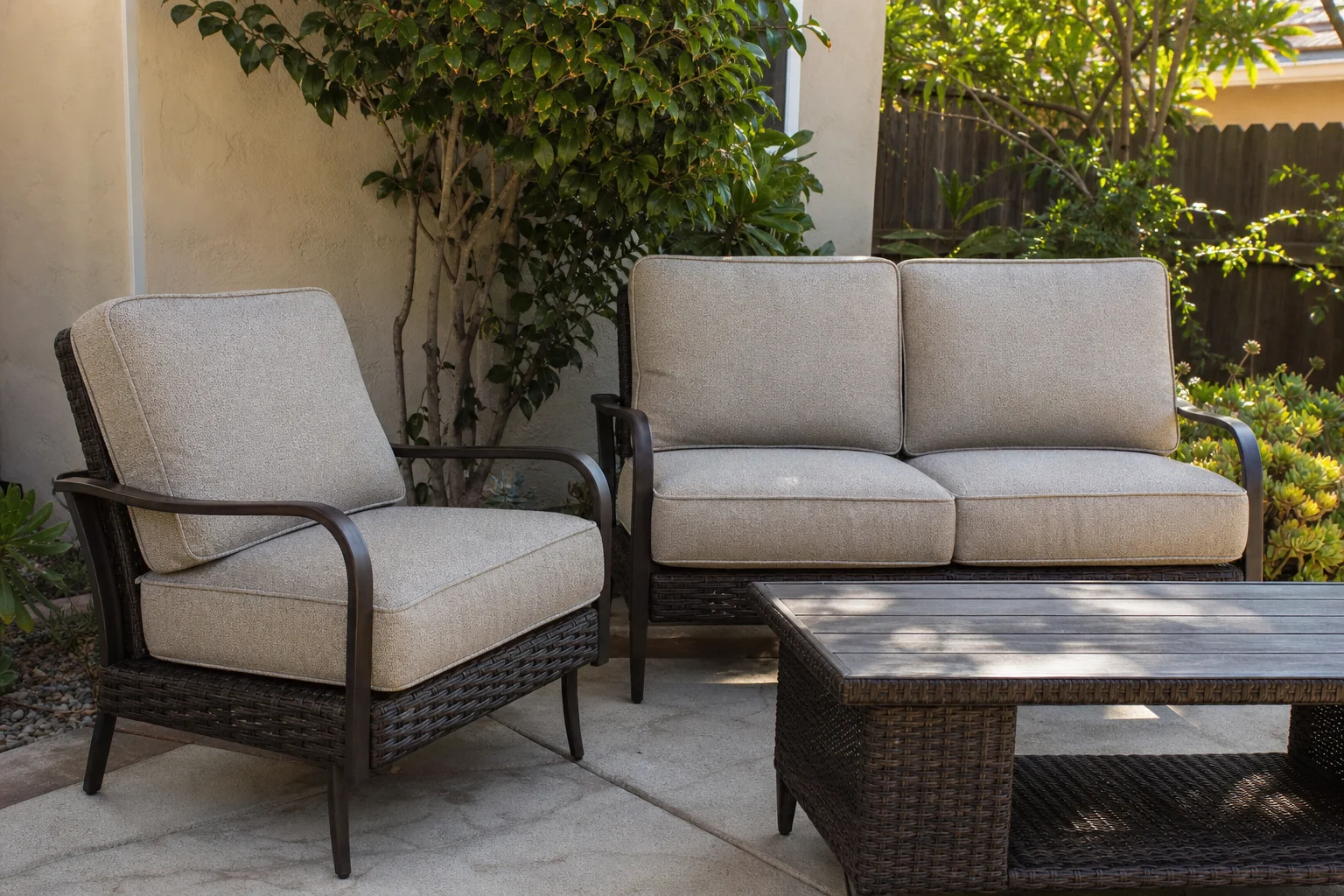 Hampton Bay Santa Rosa replacement cushions — compact lounge chair and loveseat, cut to OEM series dimensions