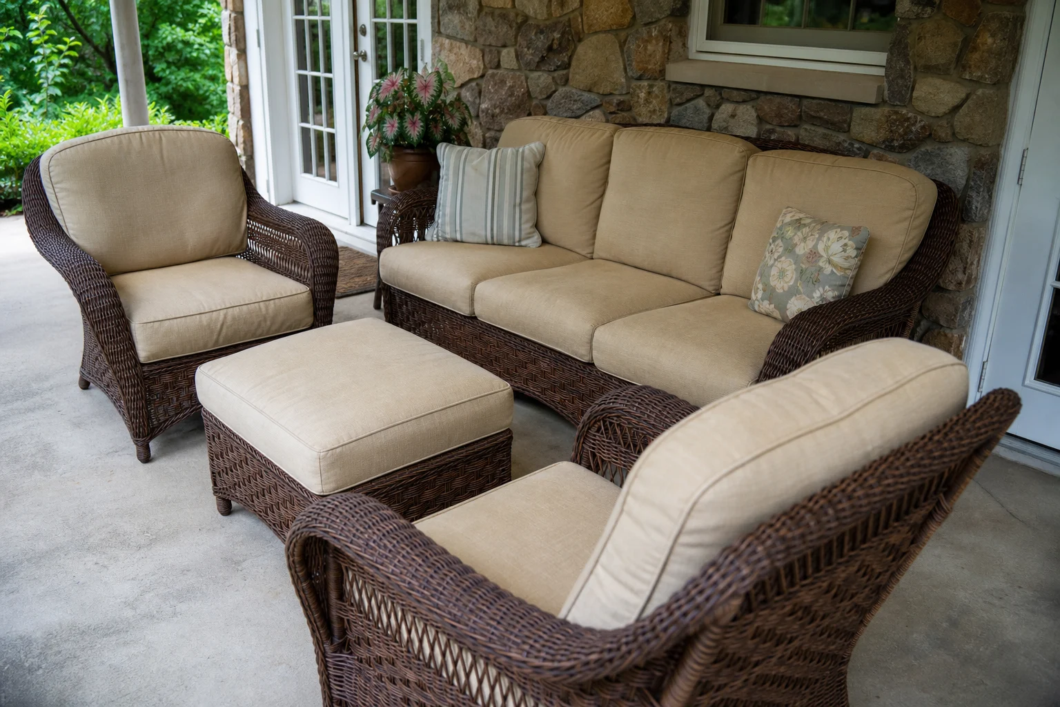Hampton Bay Windsor replacement cushions — brown wicker conversation set, cut to OEM series dimensions