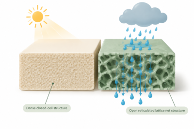 Cross-section diagram of dense closed-cell HD foam versus open reticulated dry-fast foam draining water