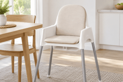 IKEA Antilop replacement cushions - flat knife-edge custom seat pad on a baby high chair in natural daylight