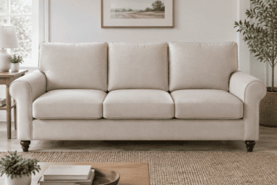 IKEA Ektorp replacement cushions - flat knife-edge custom covers on a classic rolled-arm sofa in natural daylight