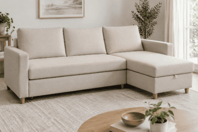 IKEA Friheten replacement cushions - flat knife-edge custom covers on a compact modern sleeper sofa in natural daylight