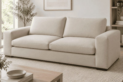 IKEA Kivik replacement cushions - flat knife-edge custom covers on a deep-seat sofa with rounded arms in natural daylight